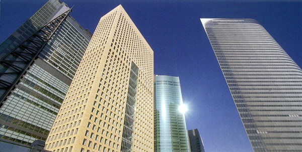 Shiodome : from left to right, Nippon TV Tower, Royal Park Shiodome Tower, Shiodome City Center, Dentsu Building