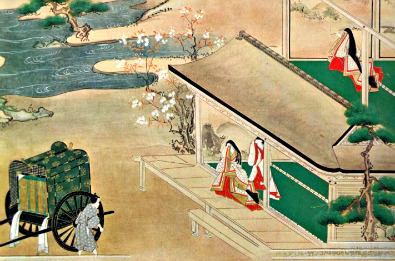 Giō leaves the court in tears after being rejected by Kiyomori (from illustrations of the Tale of Heike)