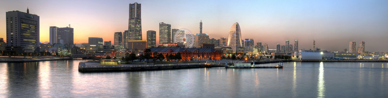 Shinkō Island, Minato Mirai 21 and the Lankmark Tower at sunset, Yokohama